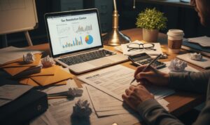 man filing tax return in front of a laptop