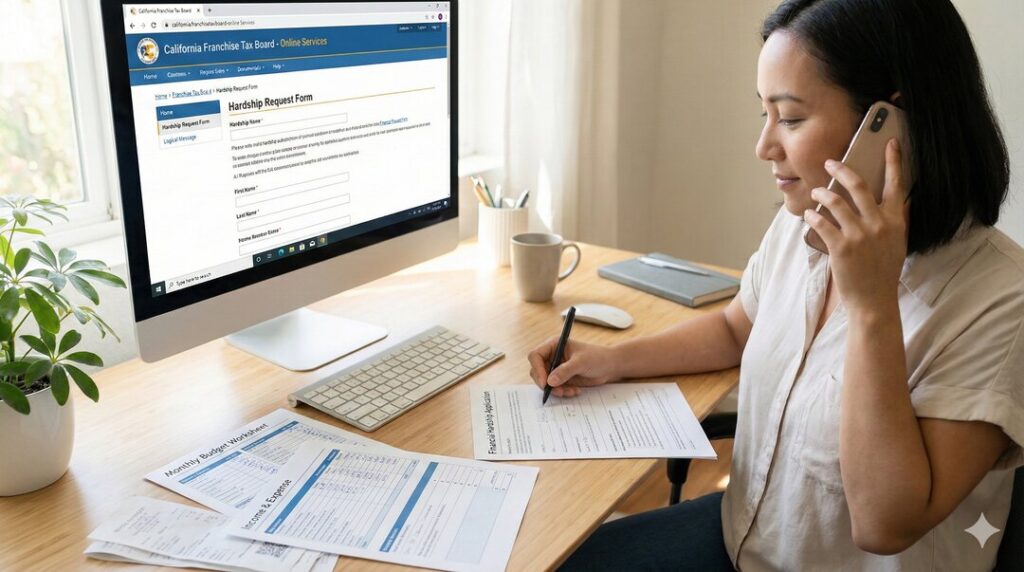 a woman getting tax help in California via phone call